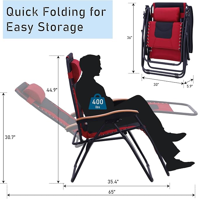 PHI VILLA XXL Oversized Padded Zero Gravity Chair, Foldable Patio Recliner - Image 3