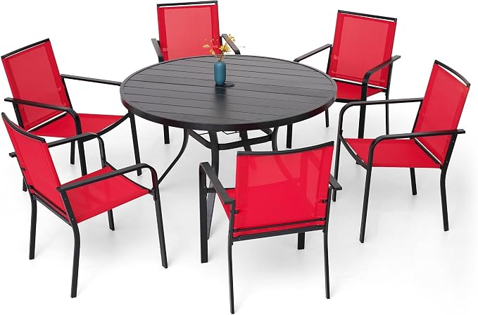 7-Piece Outdoor Dining Set, 6 Stackable Chairs & 48'' Round Table w/Umbrella by Anmutig