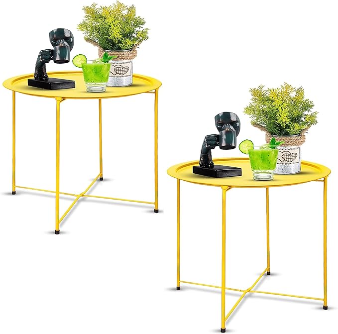Garden 4 you End Table 2 PCS Metal Side Table Yellow Round Folding Tray Cyan by Garden4you
