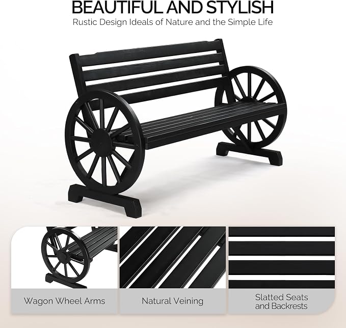VINGLI 55" Rustic Wooden Wheel Bench Outdoor Bench, 2-Person Patio Bench Wagon - Image 5