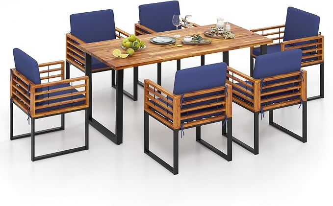 Tangkula 7 Piece Patio Dining Set, Acacia Wood Dining Chair & Table Set by TANGKULA