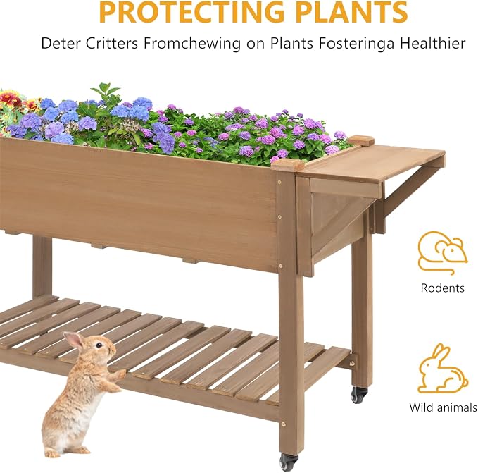 Raised Garden Bed with Lockable Wheels Mobile Elevated Wood Planter, Storage - Image 7