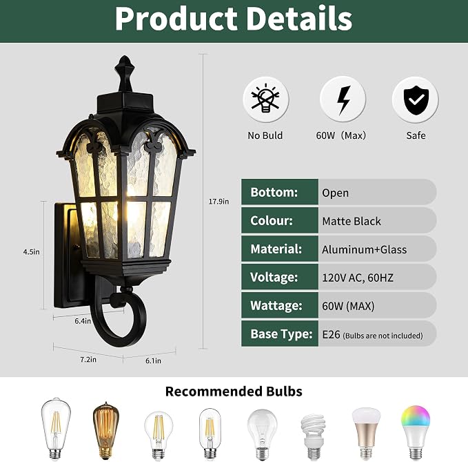Outdoor Wall Light Fixtures Waterproof Porch Lights Anti-Rust Matte Black - Image 2