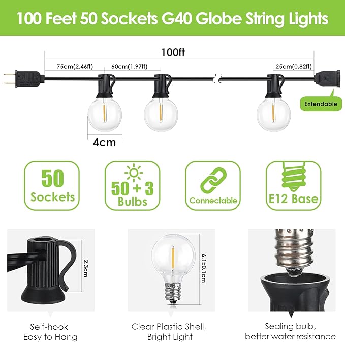 Mlambert 100Ft LED Outdoor String Lights, Dimmable Patio Lights, Waterproof - Image 5