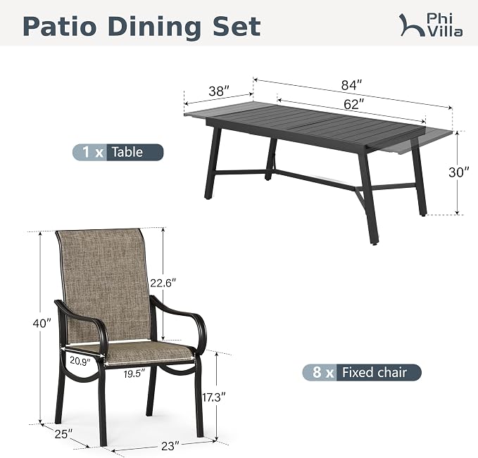 PHI VILLA 9 Piece Patio Dining Set, Expandable Table - Image 9