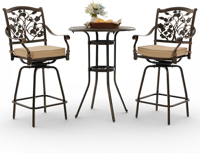 3 Piece Swivel Outdoor Table and Chairs Bar Set, All-Weather Cast Aluminum by Attliasalon