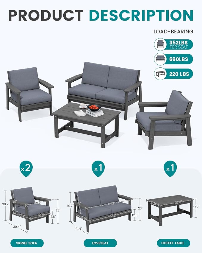 SERWALL 4 Piece HDPE Outdoor Furniture Set, All Weather Wood-Like Outdoor Sofa - Image 2