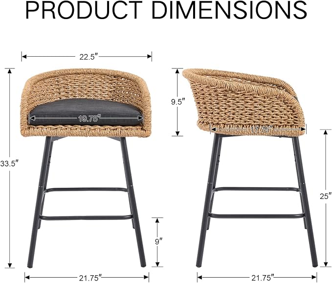 25" Outdoor Counter Height Bar Stools Set of 4, Modern Patio Wicker Bar Chairs - Image 2