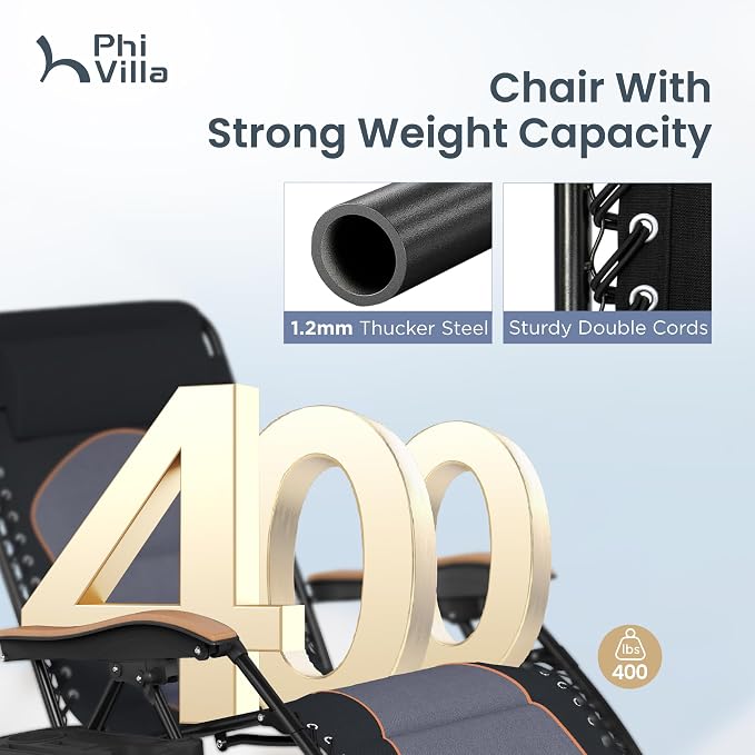 PHI VILLA XXL Oversized Padded Zero Gravity Chair Set of 2, Foldable Patio - Image 4