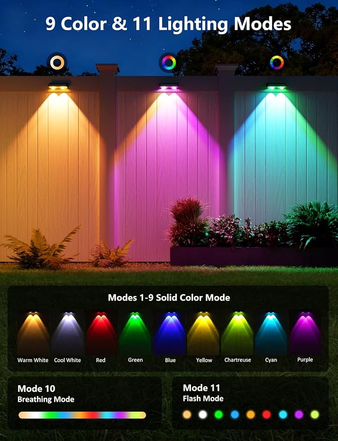 Solar Fence Lights 8 Pack 9 Colors & 11 Lighting Modes Solar Wall Lights - Image 2