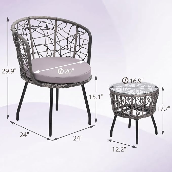 Kromax 3 Piece Bistro Set, Modern Outdoor Wicker Patio Furniture - Image 6