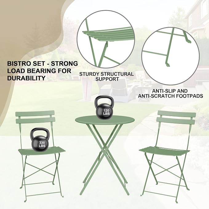 Bistro Table and Chairs Set of 2, 3 Piece Outdoor/Indoor Folding Patio Bistro - Image 5