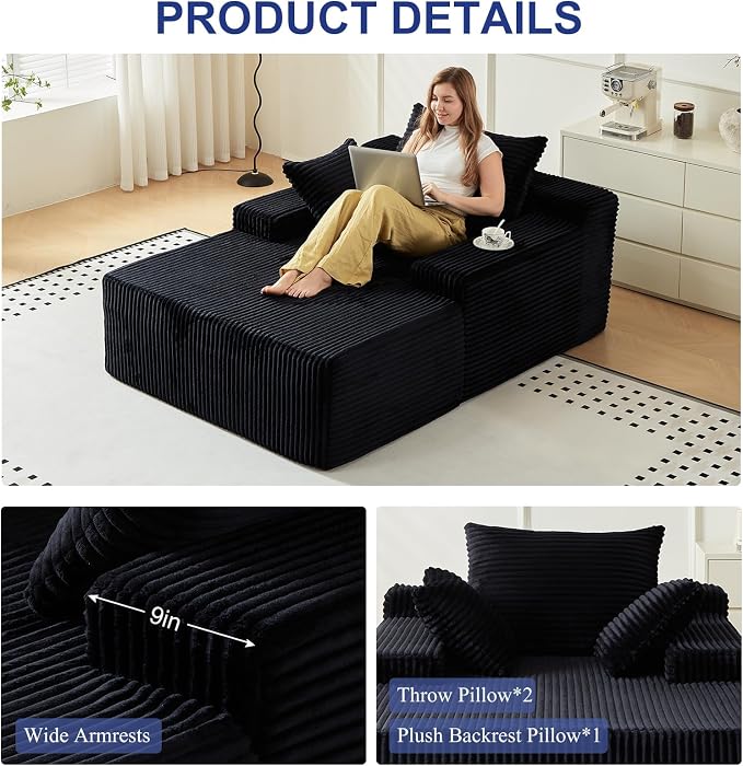 67 Inch Chaise Lounge Chair Indoor, Oversized Upholstered Boneless Sofa Bed - Image 5