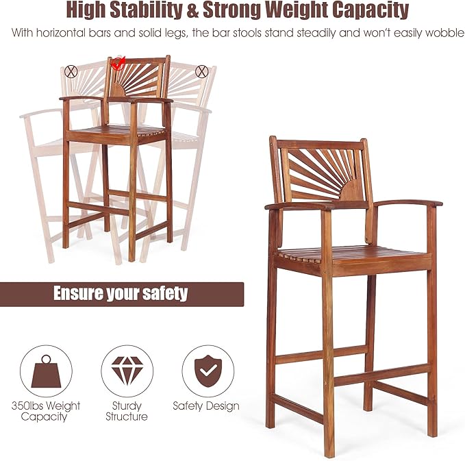 COSTWAY Bar Stools Set of 4, Outdoor Acacia Wood Bar Chairs - Image 5