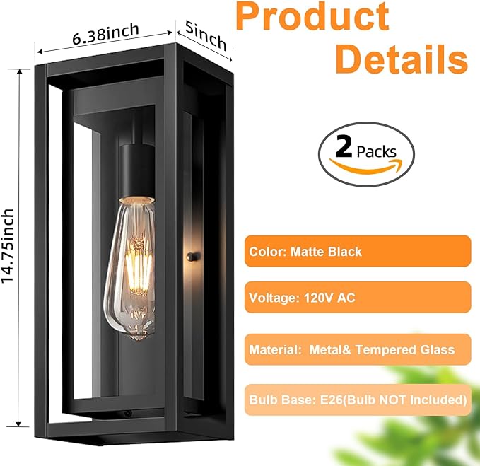 15" Large Outdoor Wall Lights, 2 Pack Matte Black Outdoor Sconces, Modern - Image 4