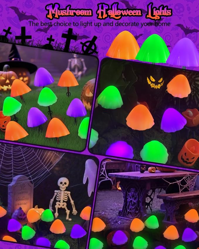 OZS 2PK 55FT 32LED Halloween Orange Purple and Green Solar Mushroom Lights - Image 4
