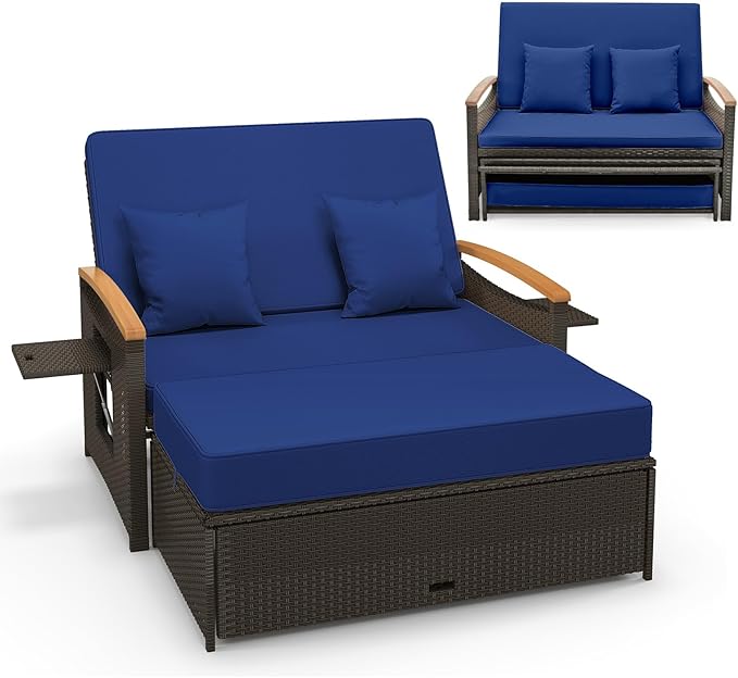 LDAILY Moccha Outdoor Wicker Daybed, Patio Rattan Loveseat Sofa w/ 4-Level by LDAILY