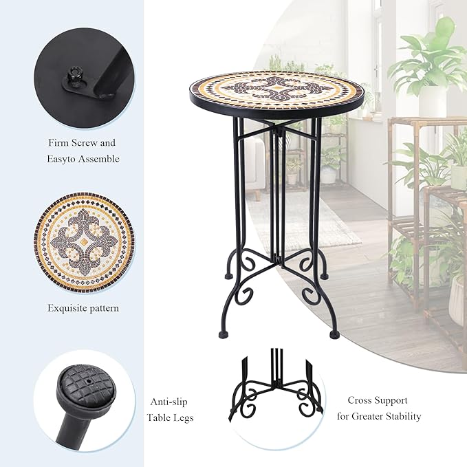 VCUTEKA Mosaic Outdoor Side Table, Round Rustproof Patio Tables - Image 4