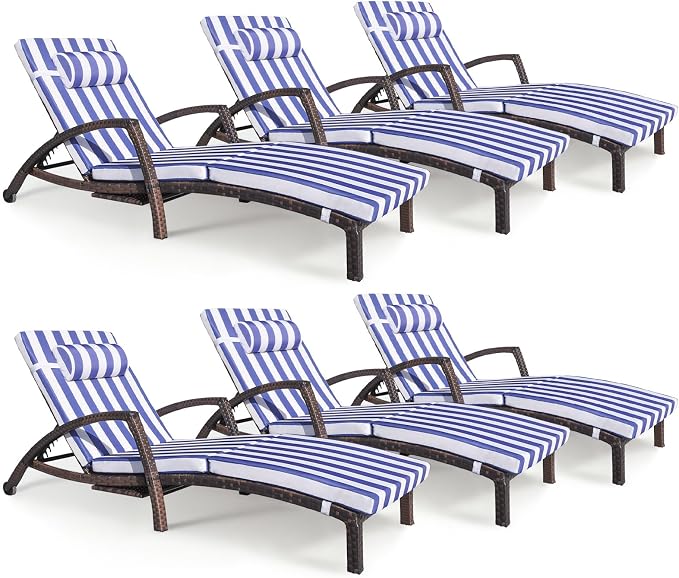 Chaise Lounge Chairs Outdoor Set of 6, Comfy Outside Wicker Patio Pool Lounge by ZZWHOM