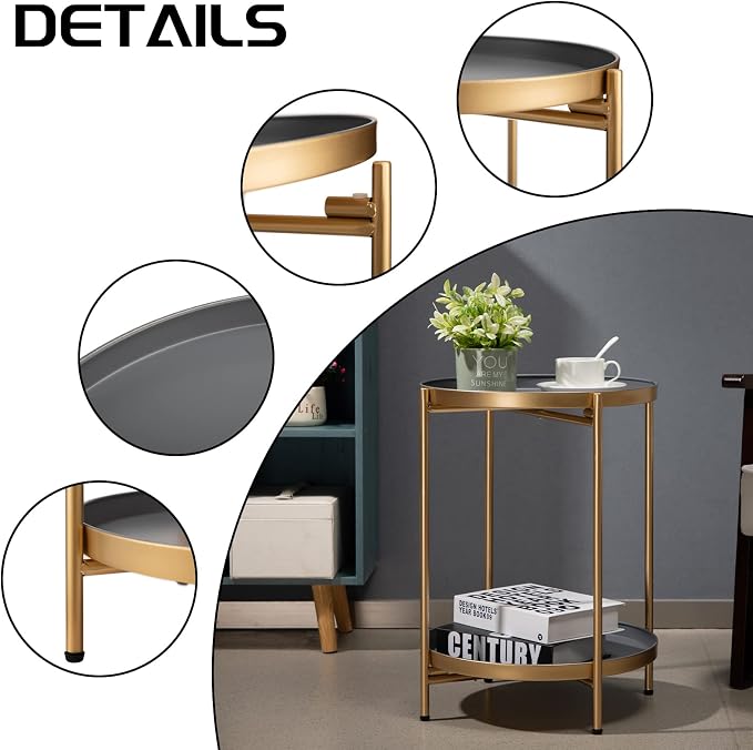 HollyHOME 2-Tier Round Gold Side Table, Outdoor Small Folding Accent Stand - Image 6