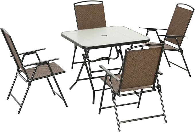 Outsunny 5 Pieces Wicker Patio Dining Set, Foldable Outdoor Table and Chairs by Outsunny