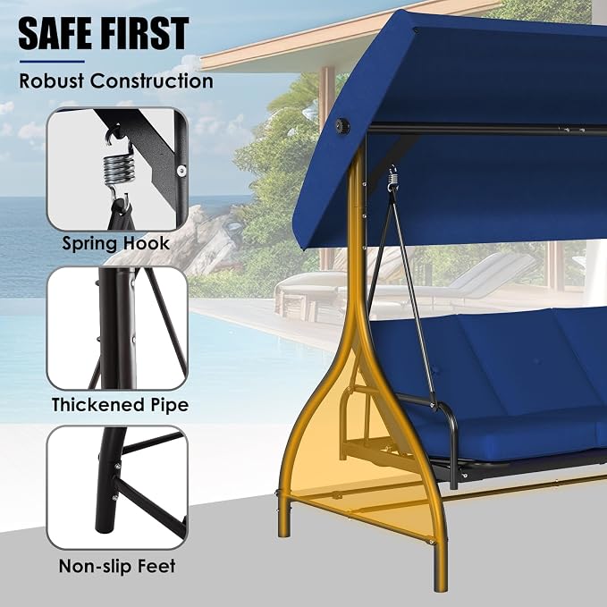MAMIZO 3-Seat Patio Swing with Adjustable Canopy & Backrest, Outdoor Porch - Image 5