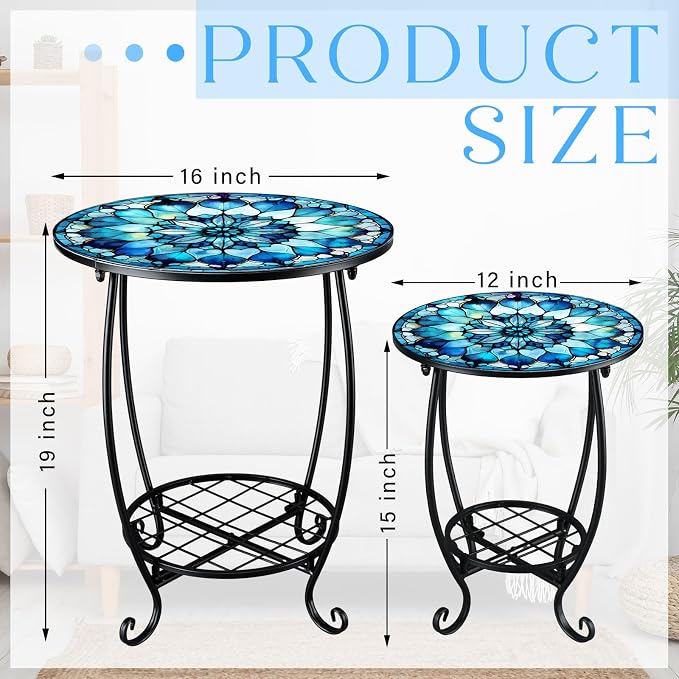2 Pcs Outdoor Side Table Small Patio Round Mosaic Accent Indoor End Table Plant - Image 3