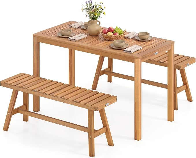 Tangkula 3 Pieces Acacia Wood Patio Dining Set, Outdoor Rectangular Table and - Image 9