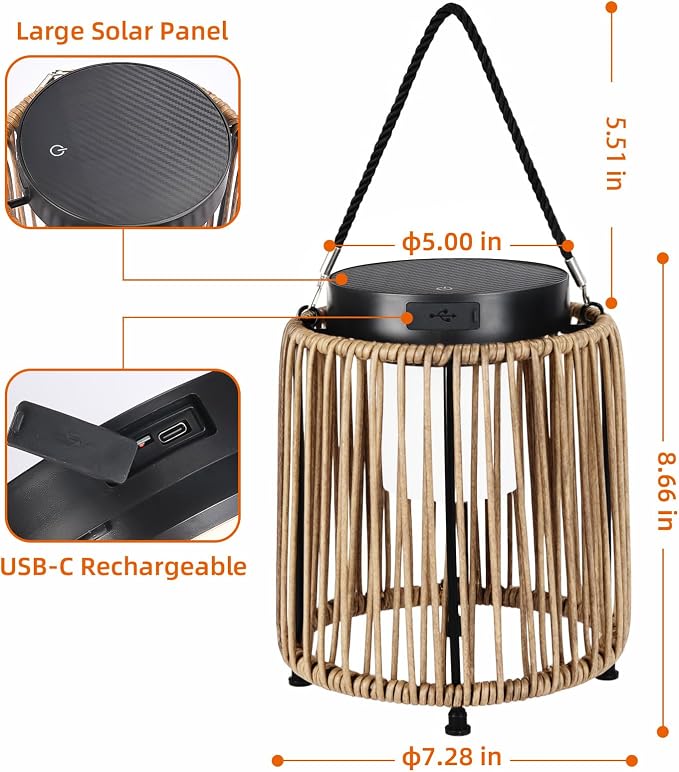 Solar Lanterns Outdoor Waterproof IP54, Handwoven Wicker Outdoor Table Lamps - Image 3