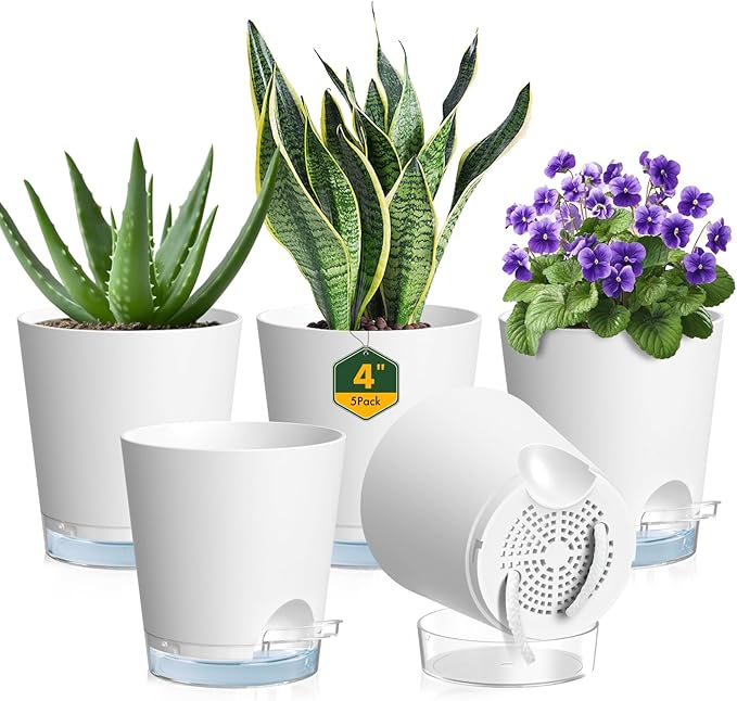 4 inch Self Watering Pots for Indoor Plants, 5 Pack Small Flower Plant Pots by Meowell