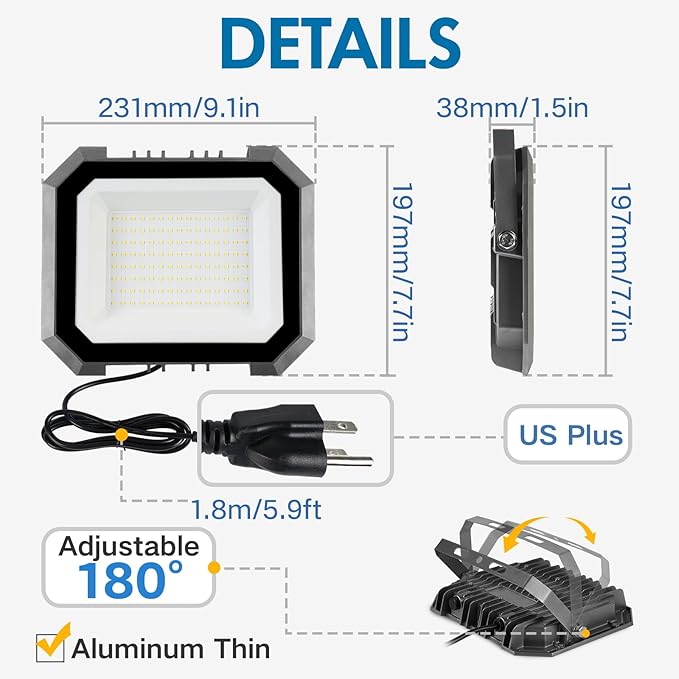 1 Pack LED Flood Lights Outdoor, 100W 10000LM Super Bright Floodlight Outside - Image 4