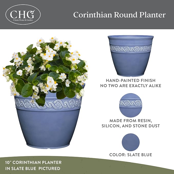 Classic Home and Garden Corinthian Round Resin Flower Planter Pot, Slate Blue 8" - Image 2