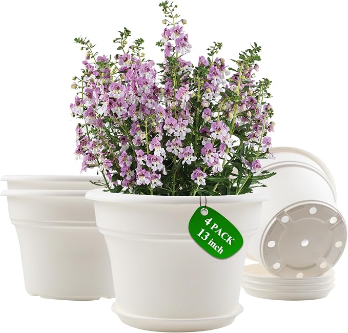 13 Inch Plastic-Flower-Pot-for-Indoor-Plants, 4 Pack Large Outdoor Planter Pot by Pottiffe