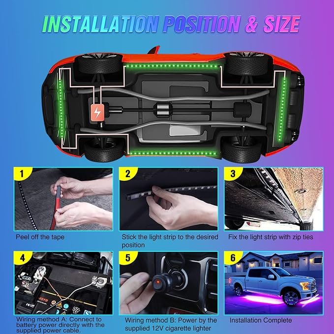 Nilight 4Pcs Car Underglow Neon Accent Strip Lights 252 LEDs RGB 8 Color Sound - Image 4