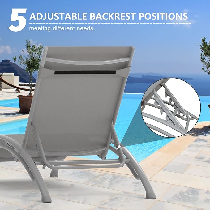 Domi Pool Lounge Chairs Set of 3, Adjustable Aluminum Outdoor Chaise Lounge - Image 4