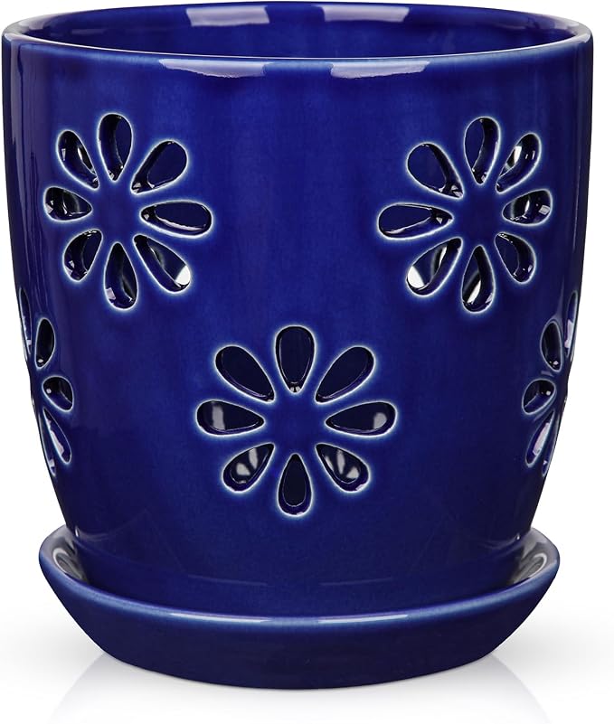 Oairse 6 inch Orchid Pots with Holes, Royal Blue Ceramic Orchid Pot by Oairse