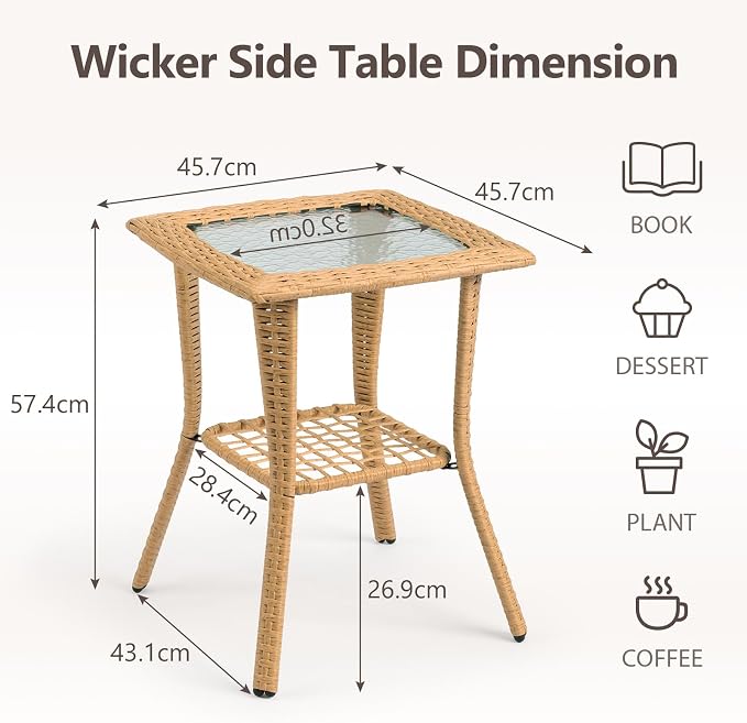 Outdoor Side Table with Storage Wicker Patio Side Table, Tempered Glass Top End - Image 3