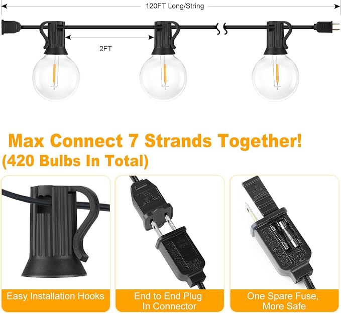 Bosceos 120FT Outdoor G40 LED Globe String Lights Dimmable Waterproof - Image 6
