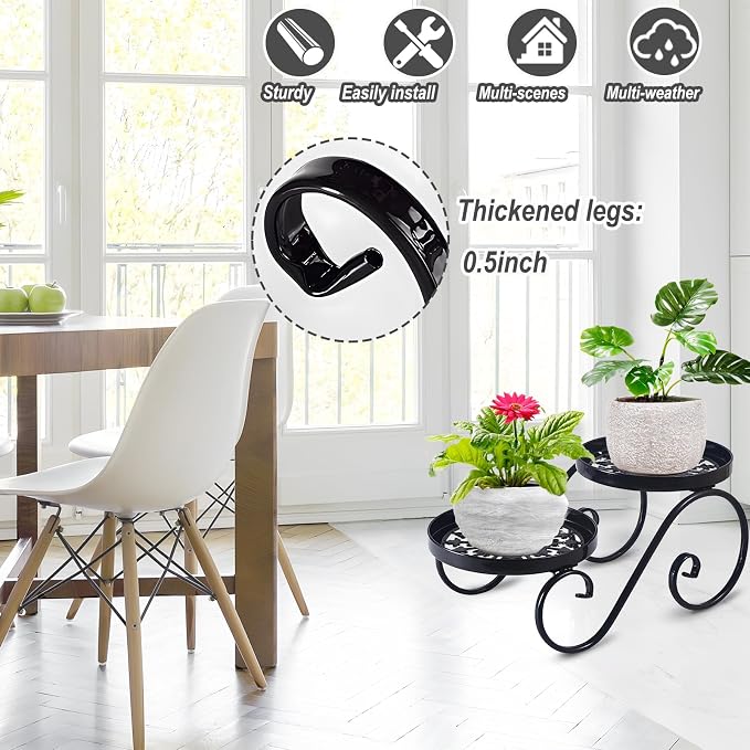 2 Tier Black Plant Stand, Metal Flower Stand Indoor Outdoor, Anti-Rust Iron - Image 2