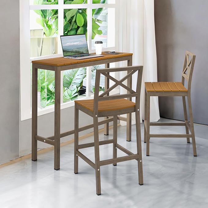 Outdoor Bar Height Table and Chairs Set, 3 Piece Patio Pub Bar Set - Image 2