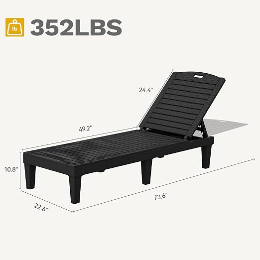 DWVO Outdoor Plastic Chaise Lounger, Poolside Lounge Chair w/5-Position - Image 3