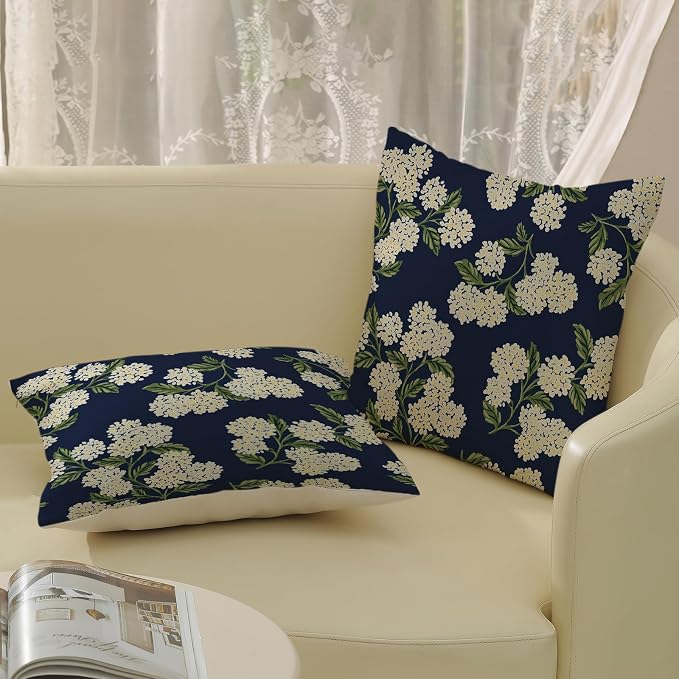 Navy Blue Spring Pillow Covers 18x18 Inch 2 Pcs Green Yellow Hydrangea Flower - Image 4