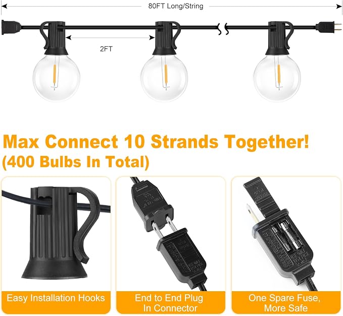 Bosceos 80FT Outdoor G40 LED Globe String Lights Dimmable Waterproof - Image 6