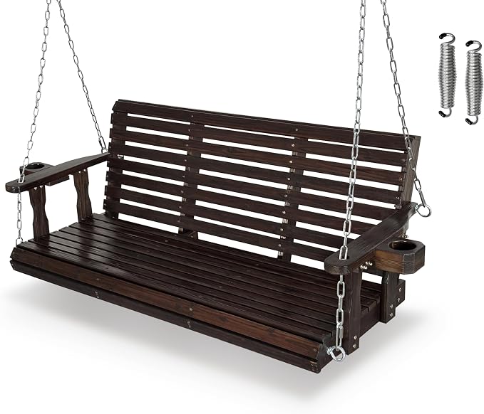 Fortune Candy Wooden Porch Swing 3-Seater, High Backrest and Deep Seat by FortuneCandy