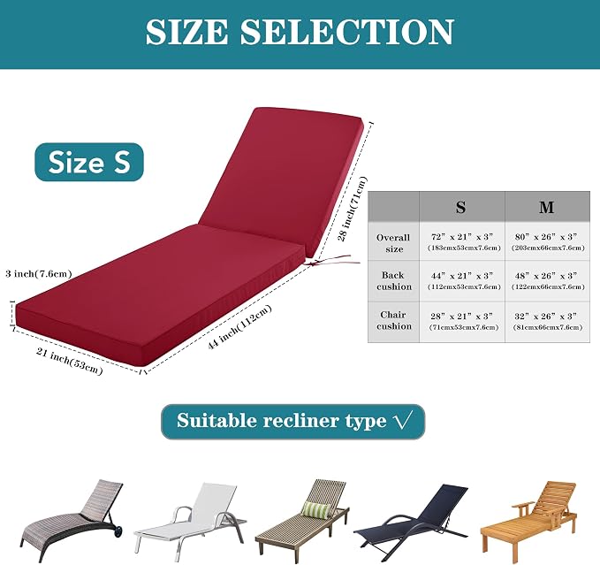 Chaise Lounge Cushion for Outdoor Furniture, Waterproof Fade and Tear Resistant - Image 3