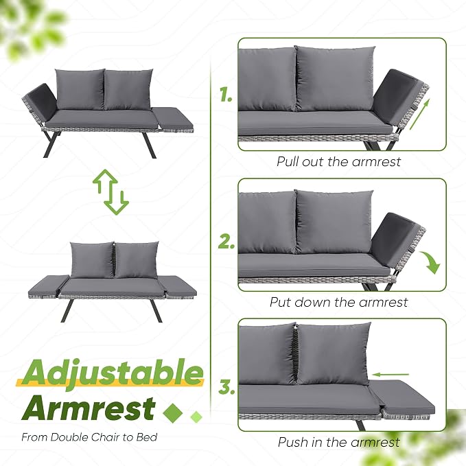 Greesum Outdoor Sofa, Woven Rattan Patio Furniture, Convertible Daybed or - Image 6