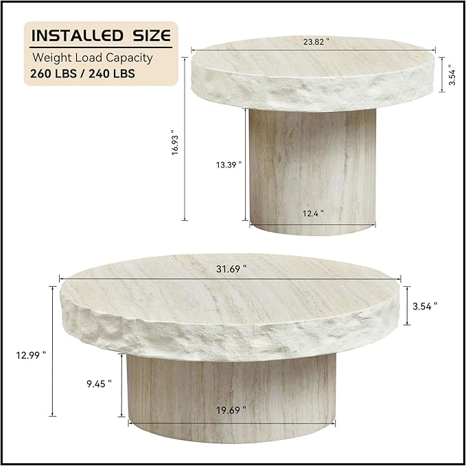 Round Coffee Table Set of 2, Faux Marble Pattern Center Table Imitation Stone - Image 2