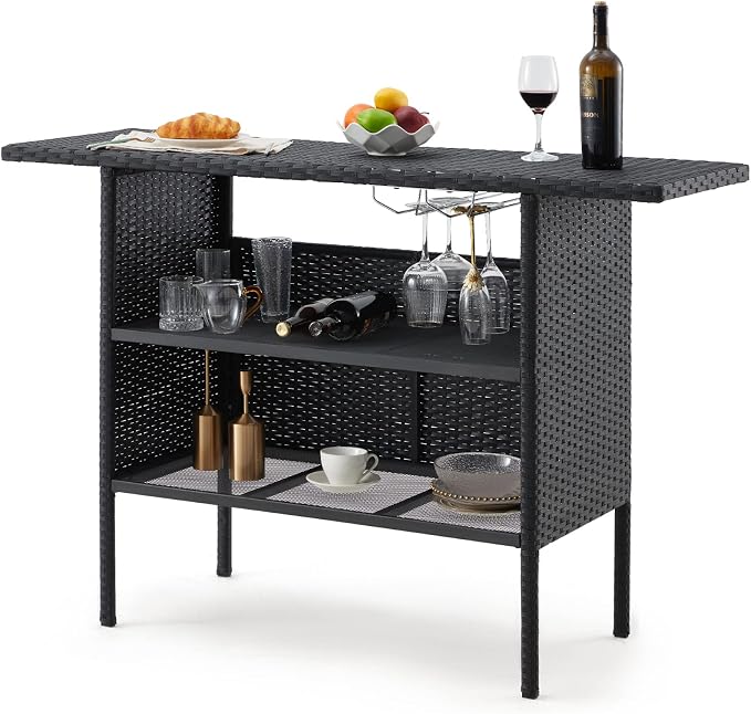 ECOTOUGE Black Wicker Bar Table, Outdoor Patio Console Table Serving Table by ECOTOUGE