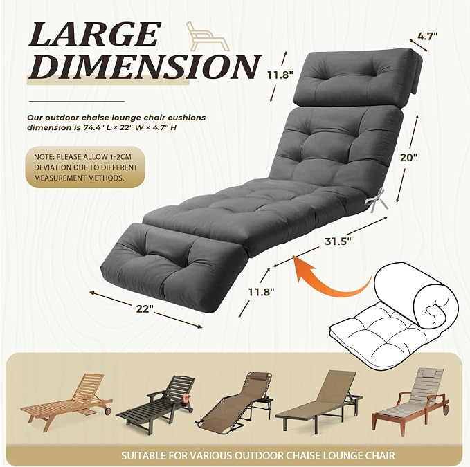 Outdoor Chaise Lounge Cushion Waterproof, 74.4x22x4.7 Inch Oxford Fabric - Image 3