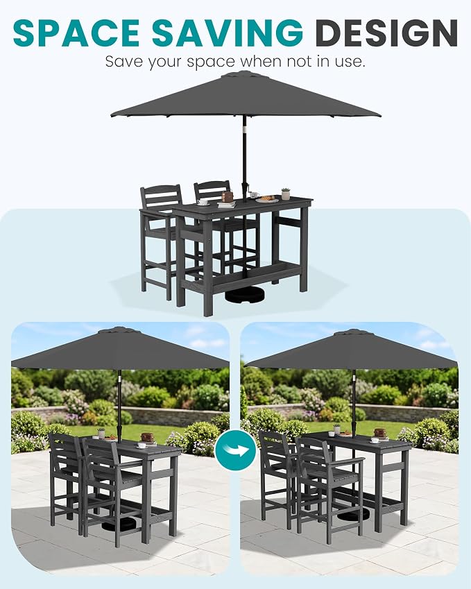 SERWALL Outdoor Bar Set with 9ft Umbrella, All-Weather HDPE Patio Bar Chairs - Image 3
